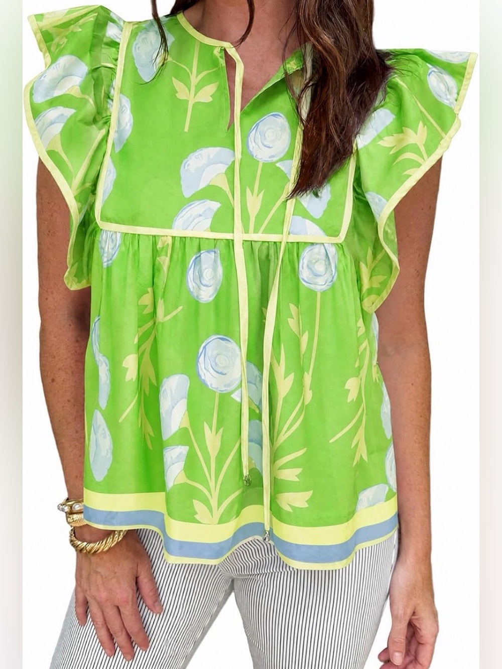 NWT M Cicy Bell Floral Poplum Blouse Olive Green Ruffle Sleeve Babydoll Boho Top